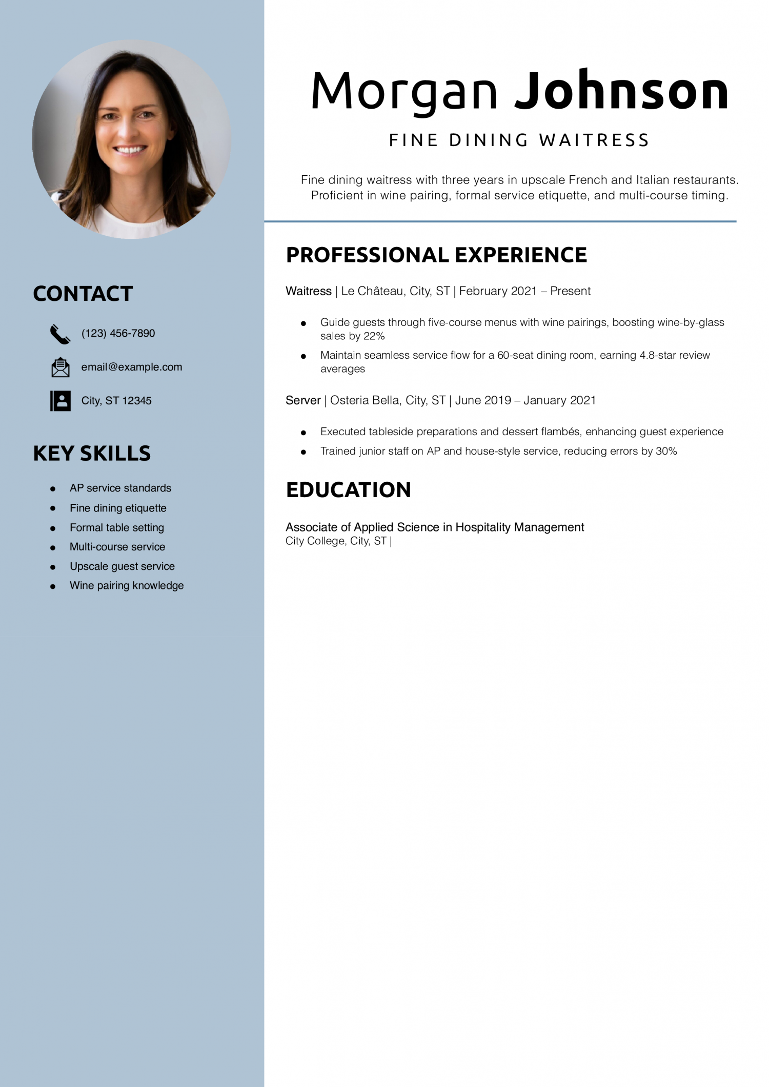 Fine dining waitress resume example