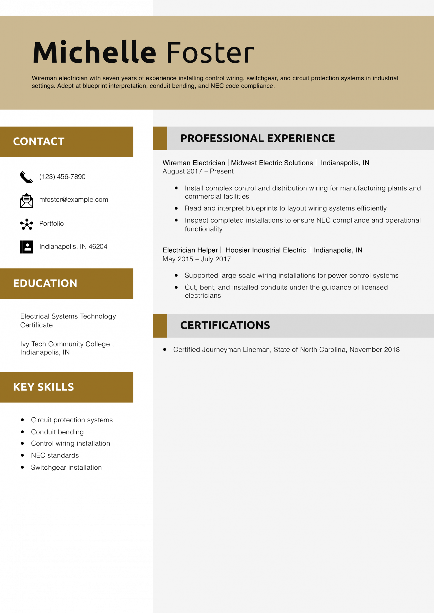 Wireman Electrician Resume Example