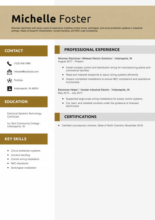 Wireman Electrician Resume Example