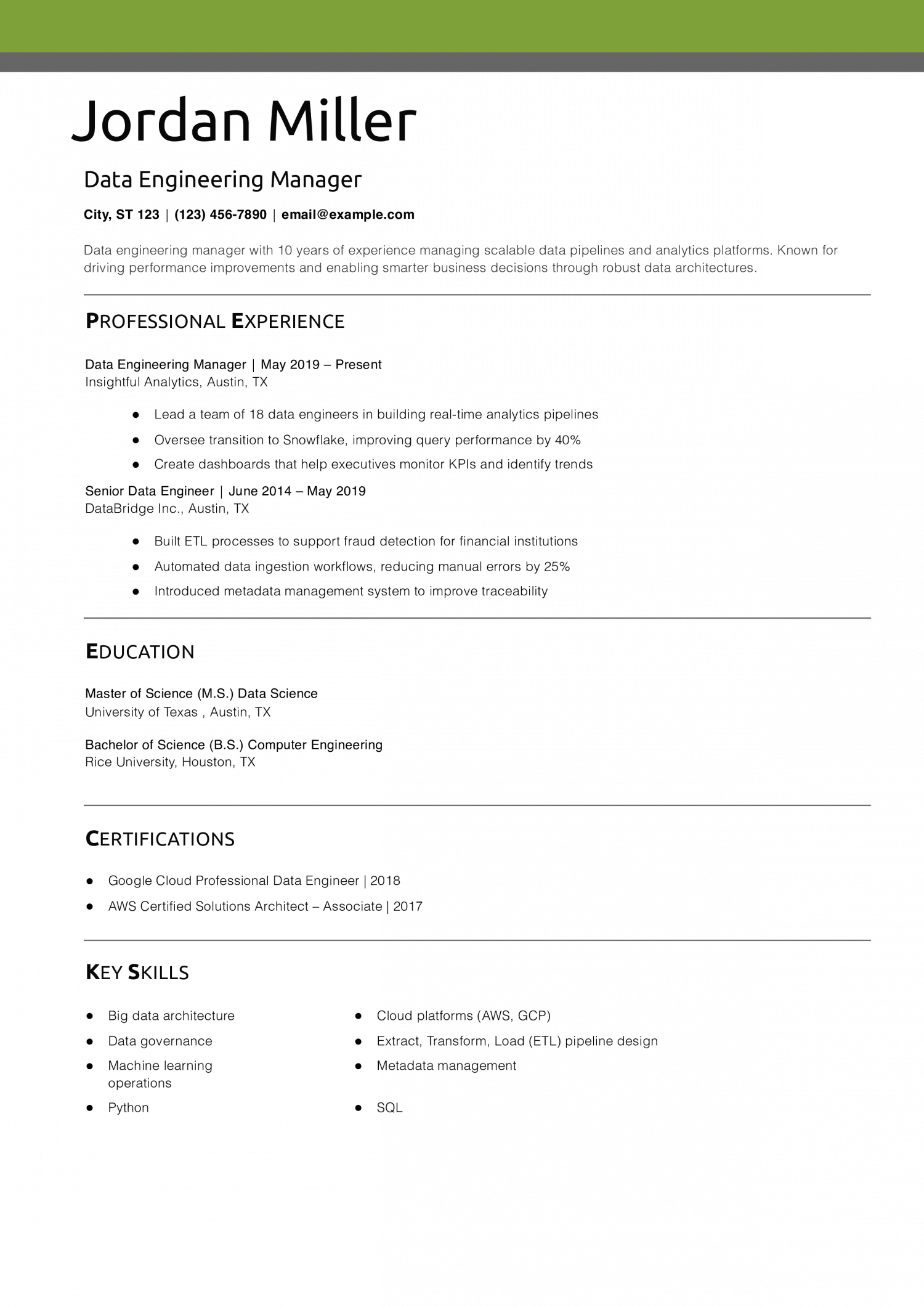 Data Engineering Manager Resume Example