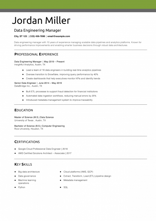 Data Engineering Manager Resume Example