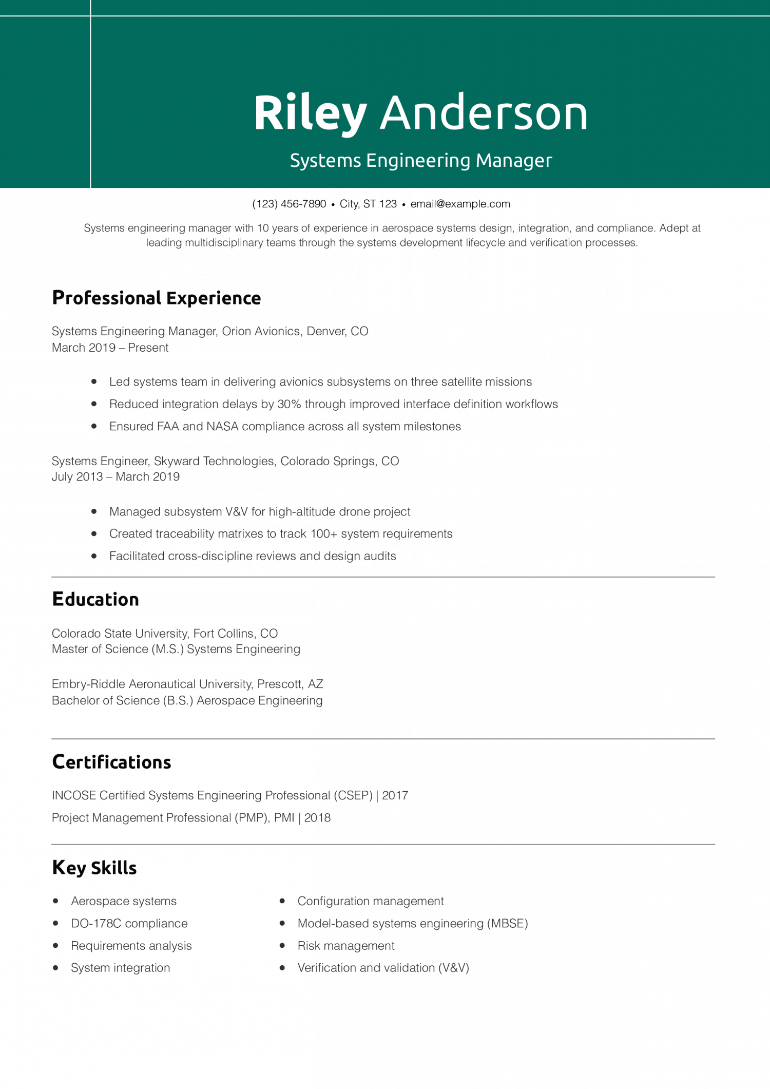 Systems Engineering Manager Resume Example