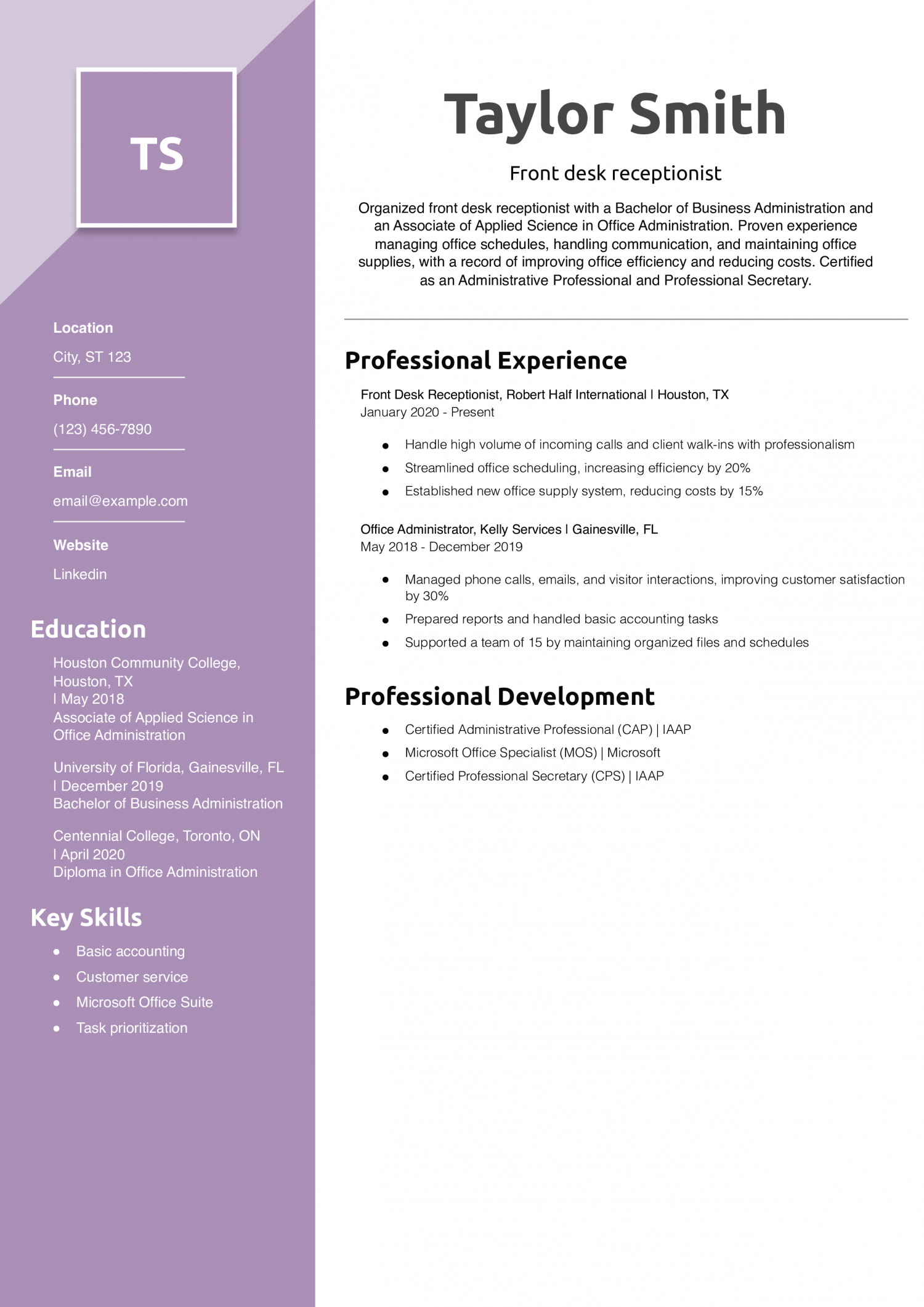 Front desk receptionist resume example