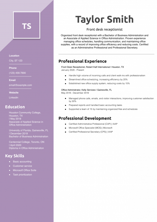 Front desk receptionist resume example