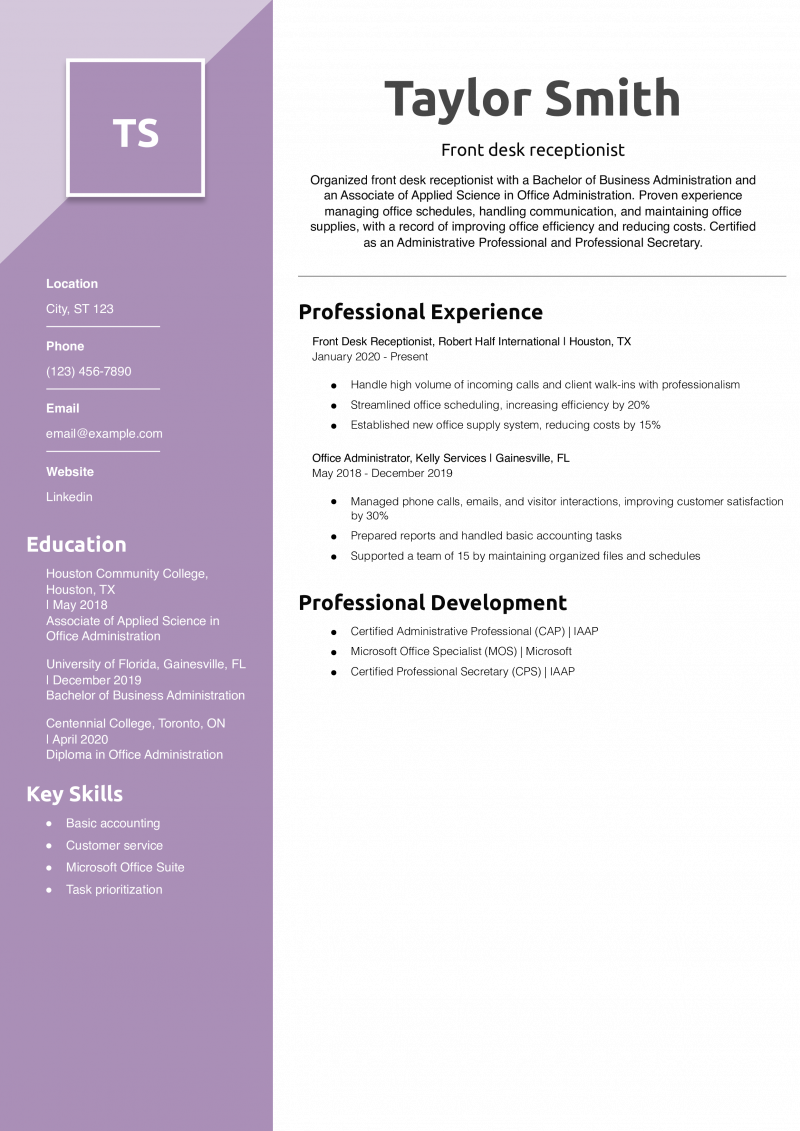 Front desk receptionist resume example