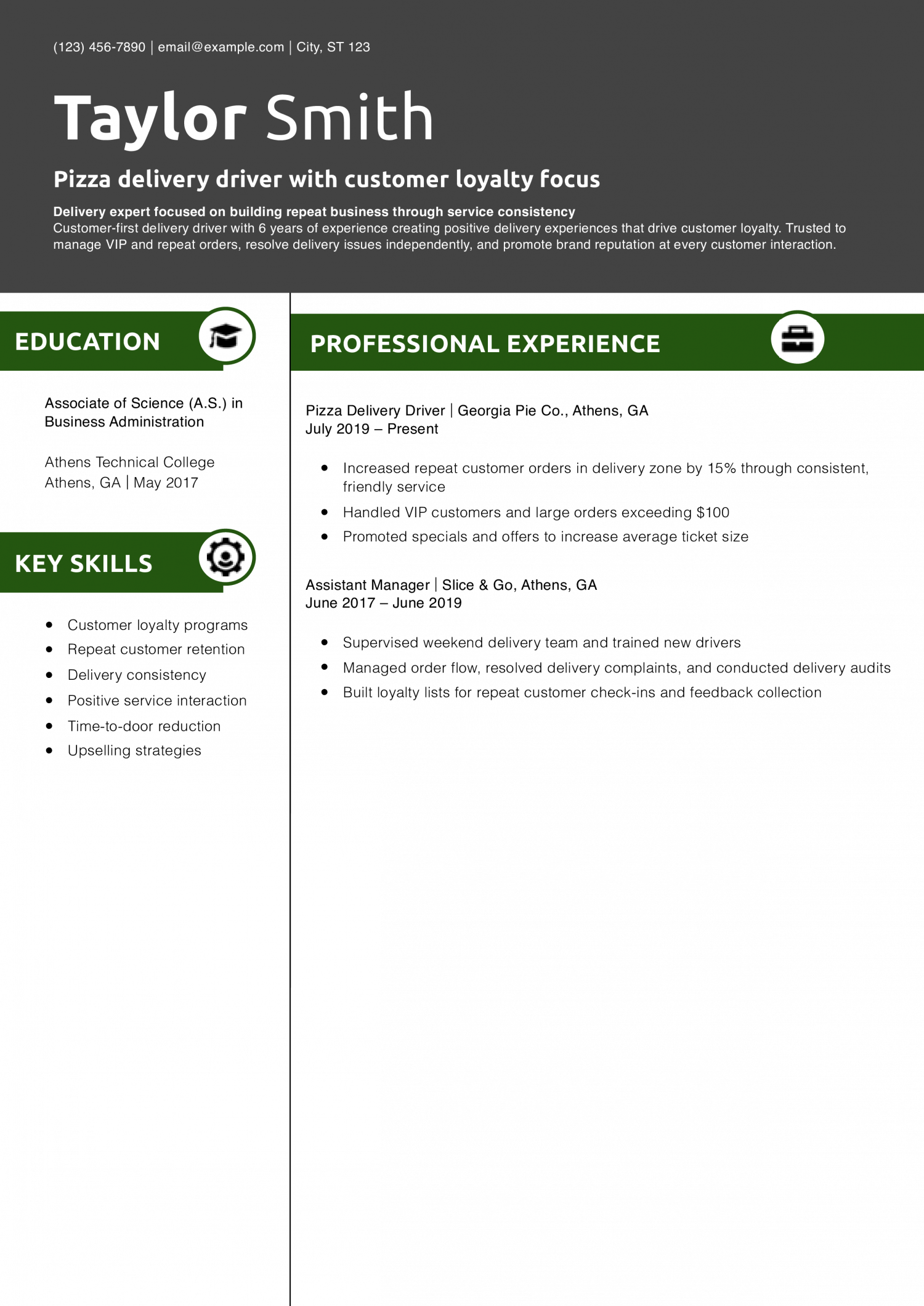 Pizza delivery driver with customer loyalty focus resume example