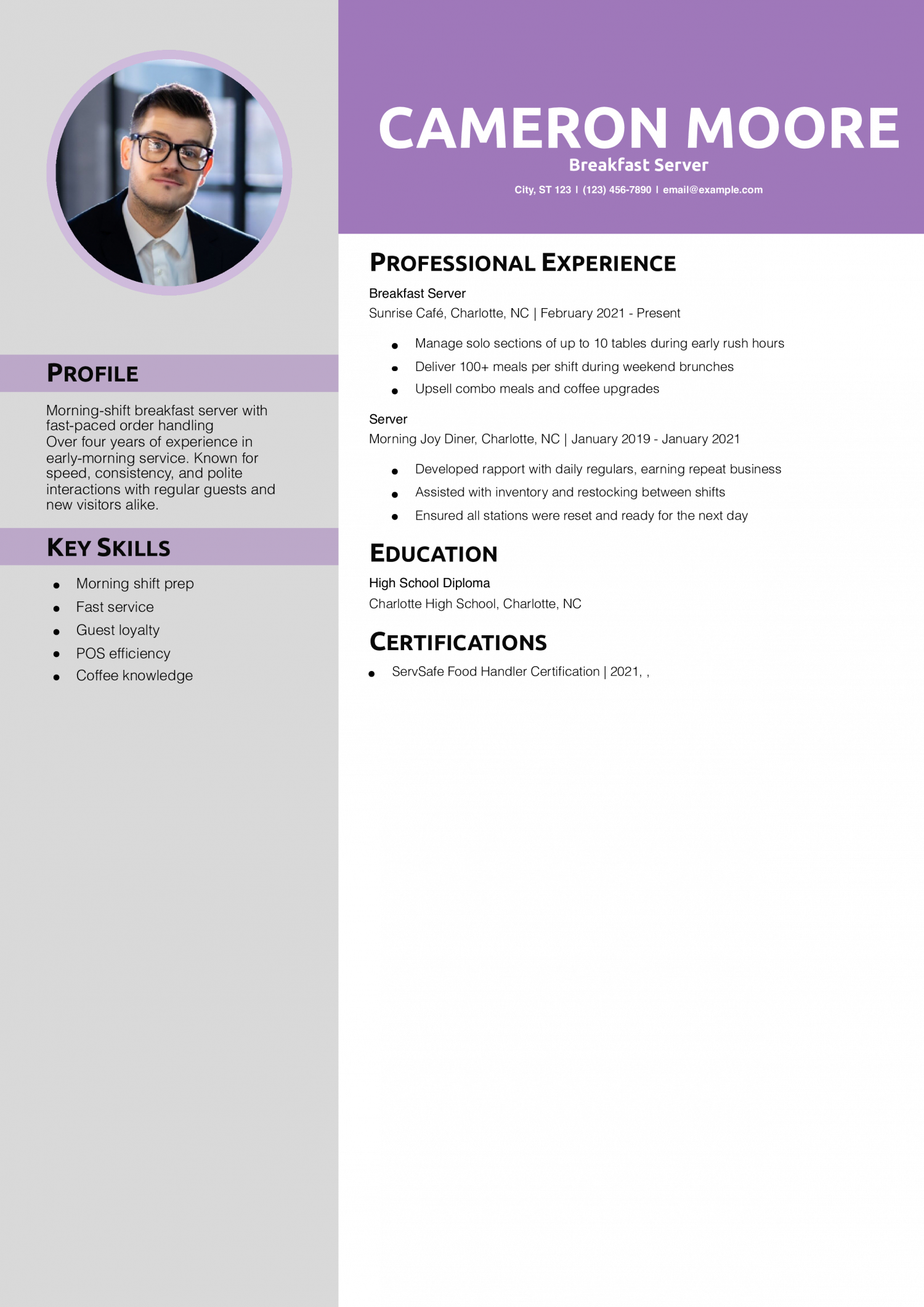 Breakfast Server Resume Example