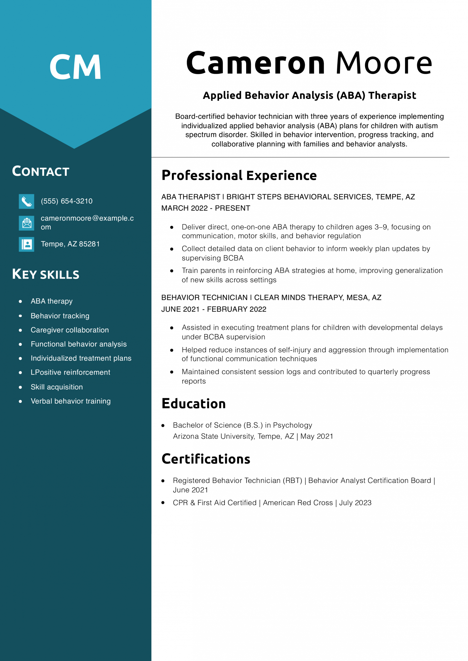 Applied Behavior Analysis (ABA) Therapist Resume