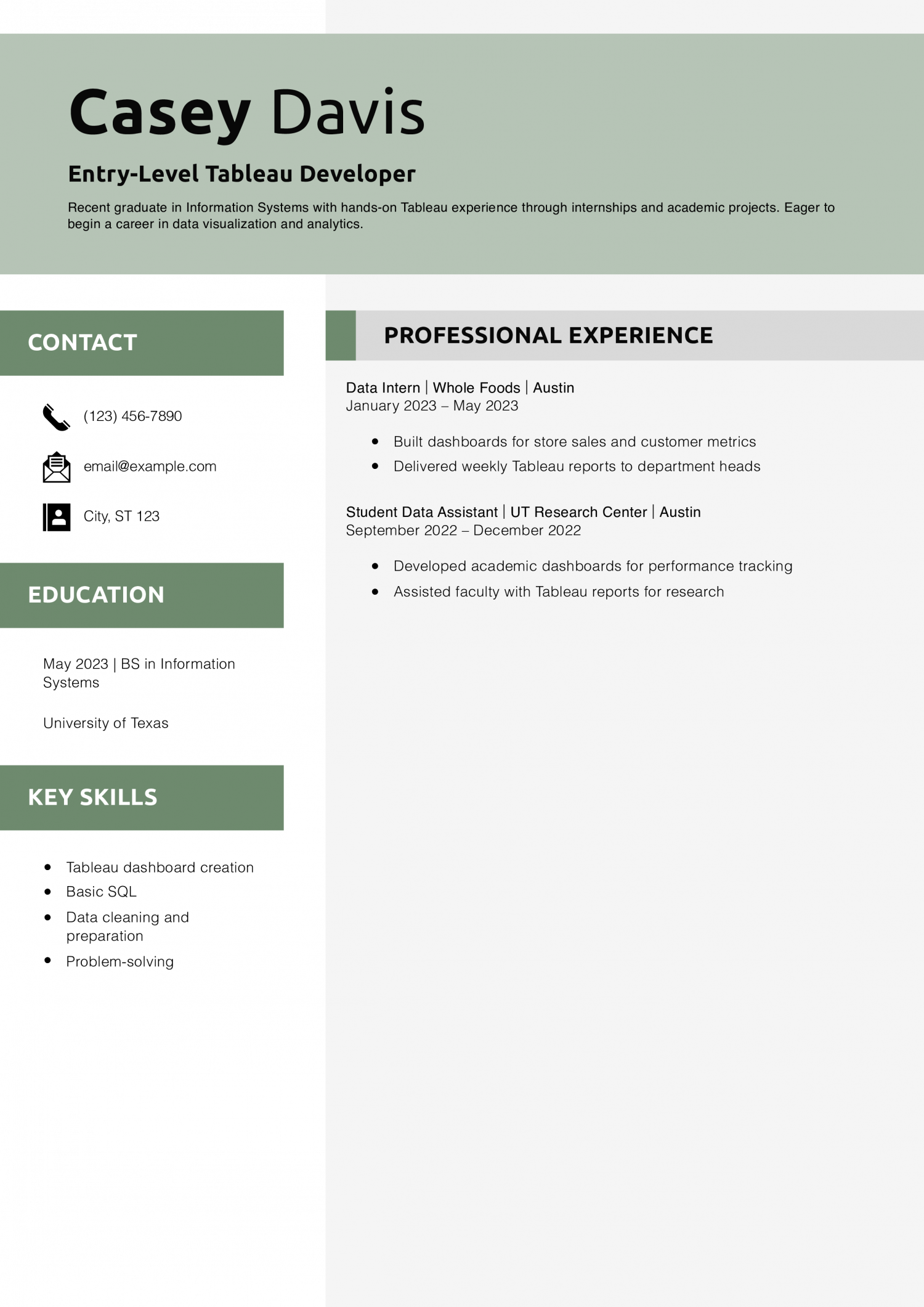 Entry-Level Tableau Developer Resume Example