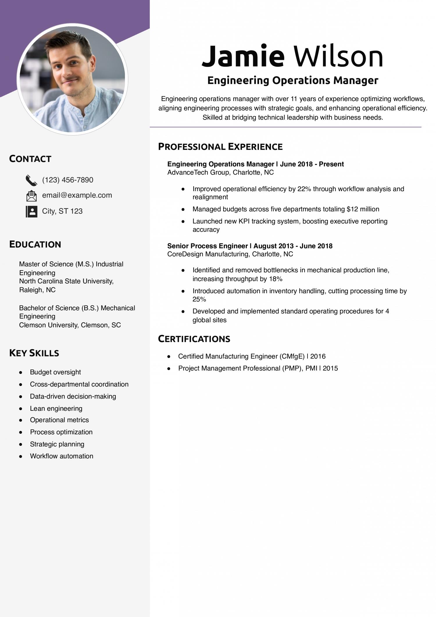 Engineering Operations Manager Resume Example