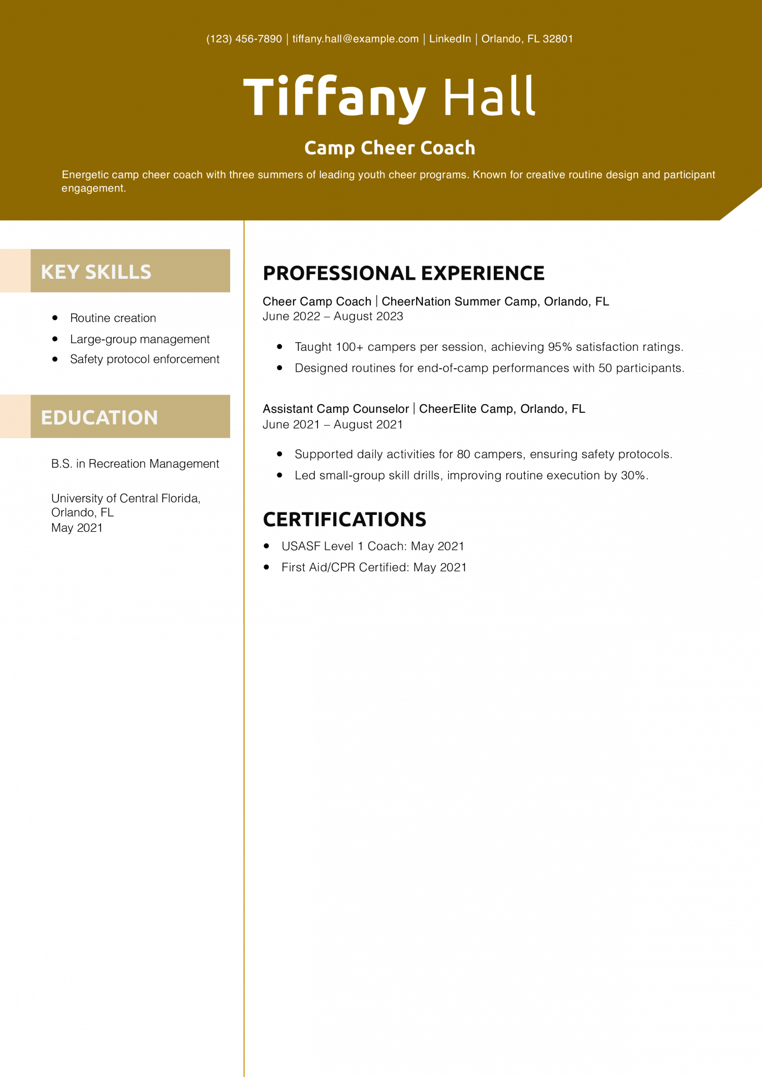 Camp Cheer Coach Resume Example