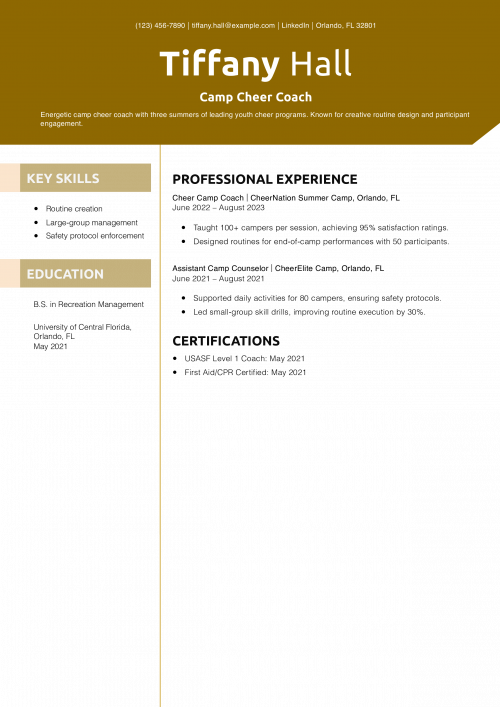 Camp Cheer Coach Resume Example