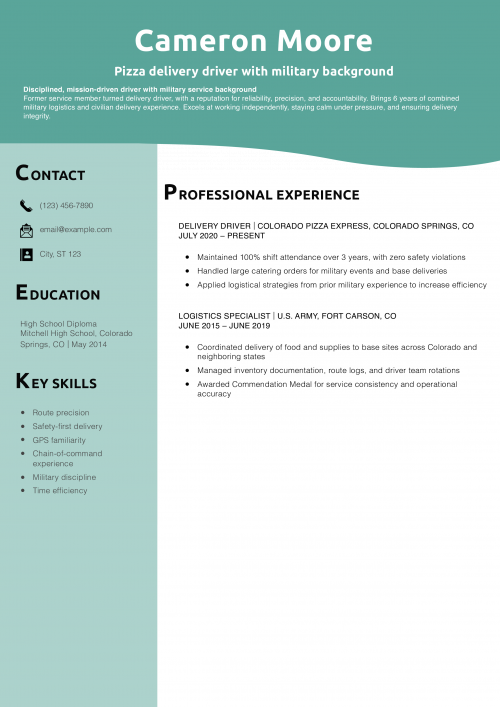 Pizza delivery driver with military background resume example