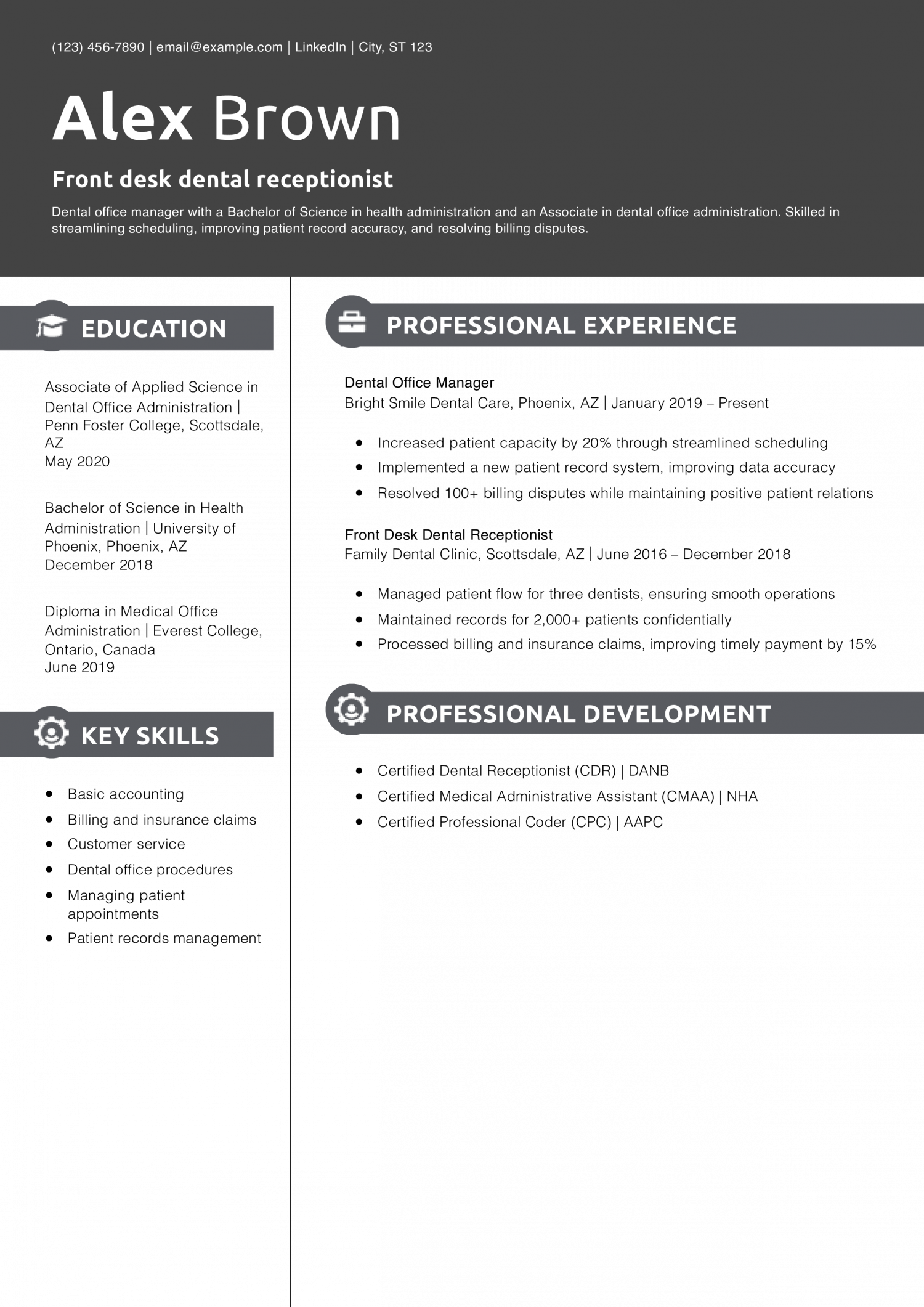 Front desk dental receptionist resume example