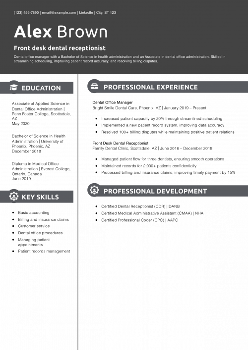 Front desk dental receptionist resume example