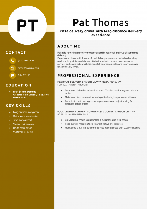 Pizza delivery driver with long-distance delivery experience resume example