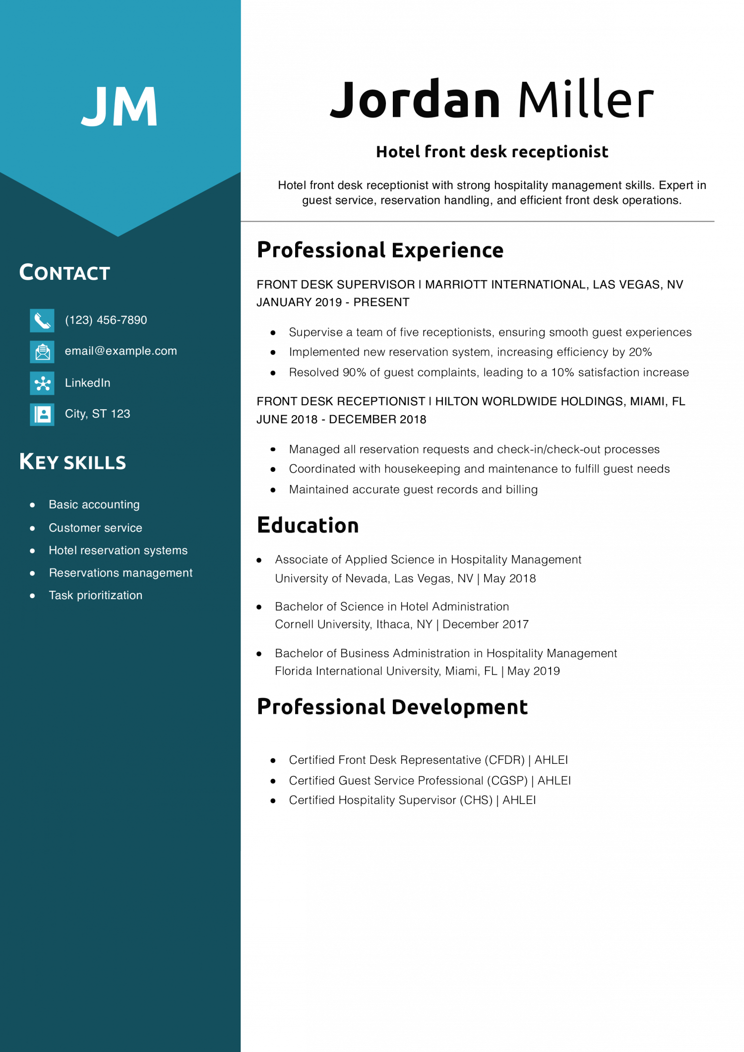 Hotel front desk receptionist resume example
