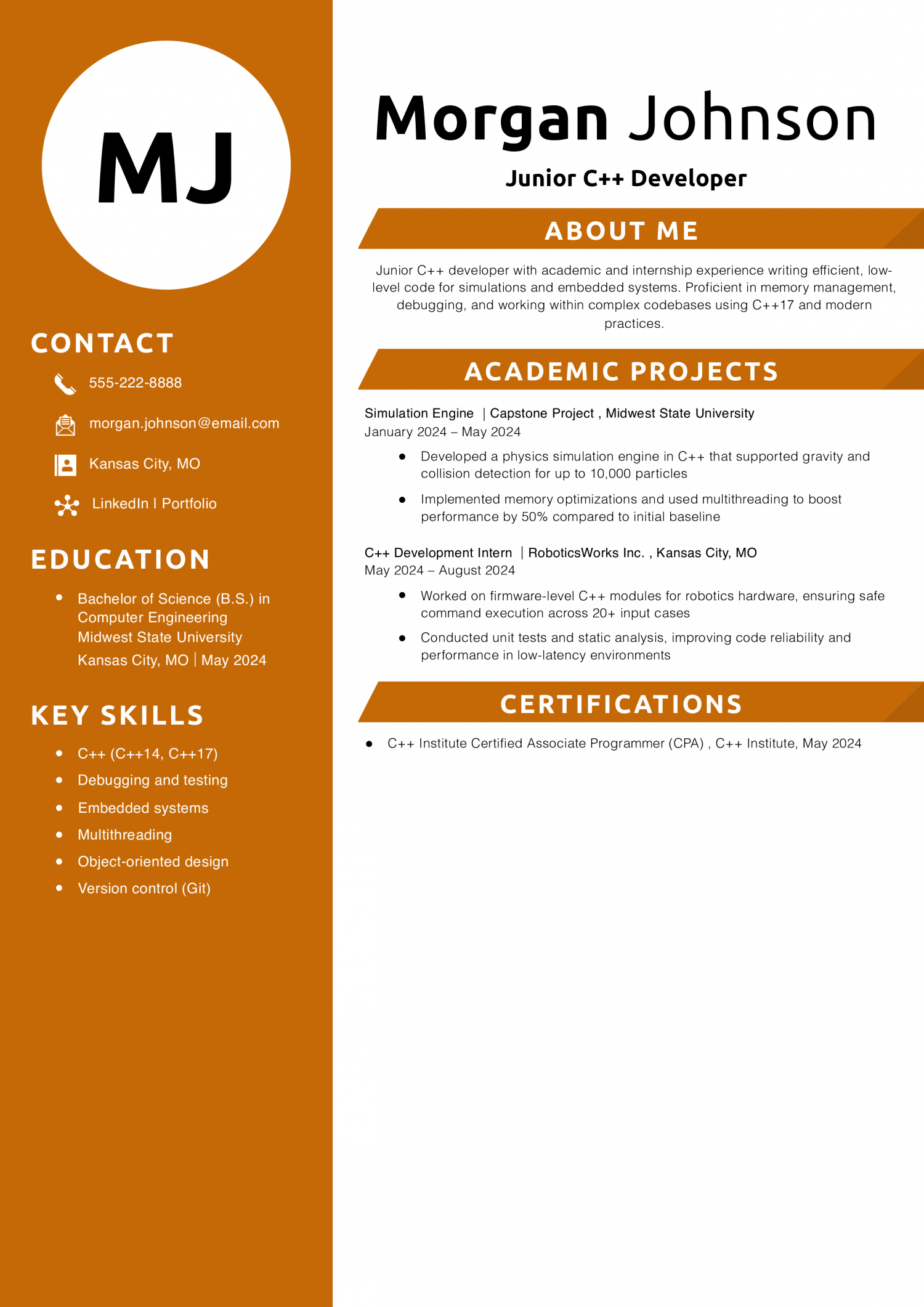 Junior C++ Developer Resume