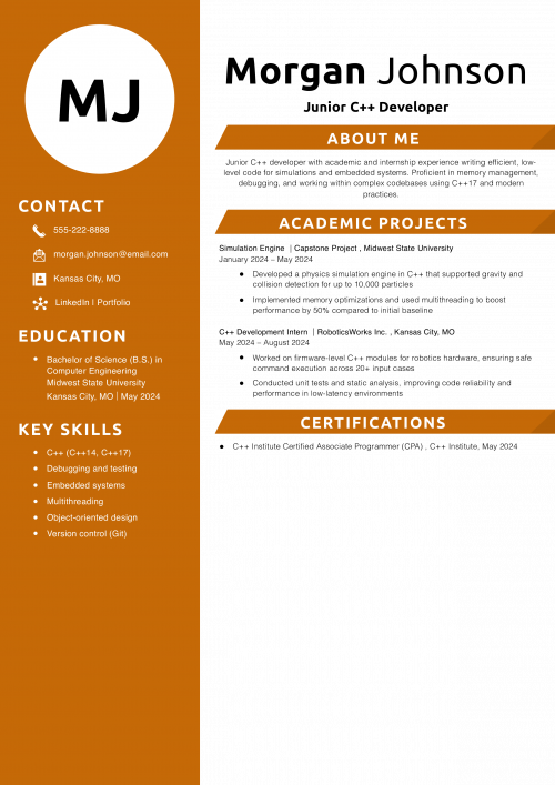 Junior C++ Developer Resume