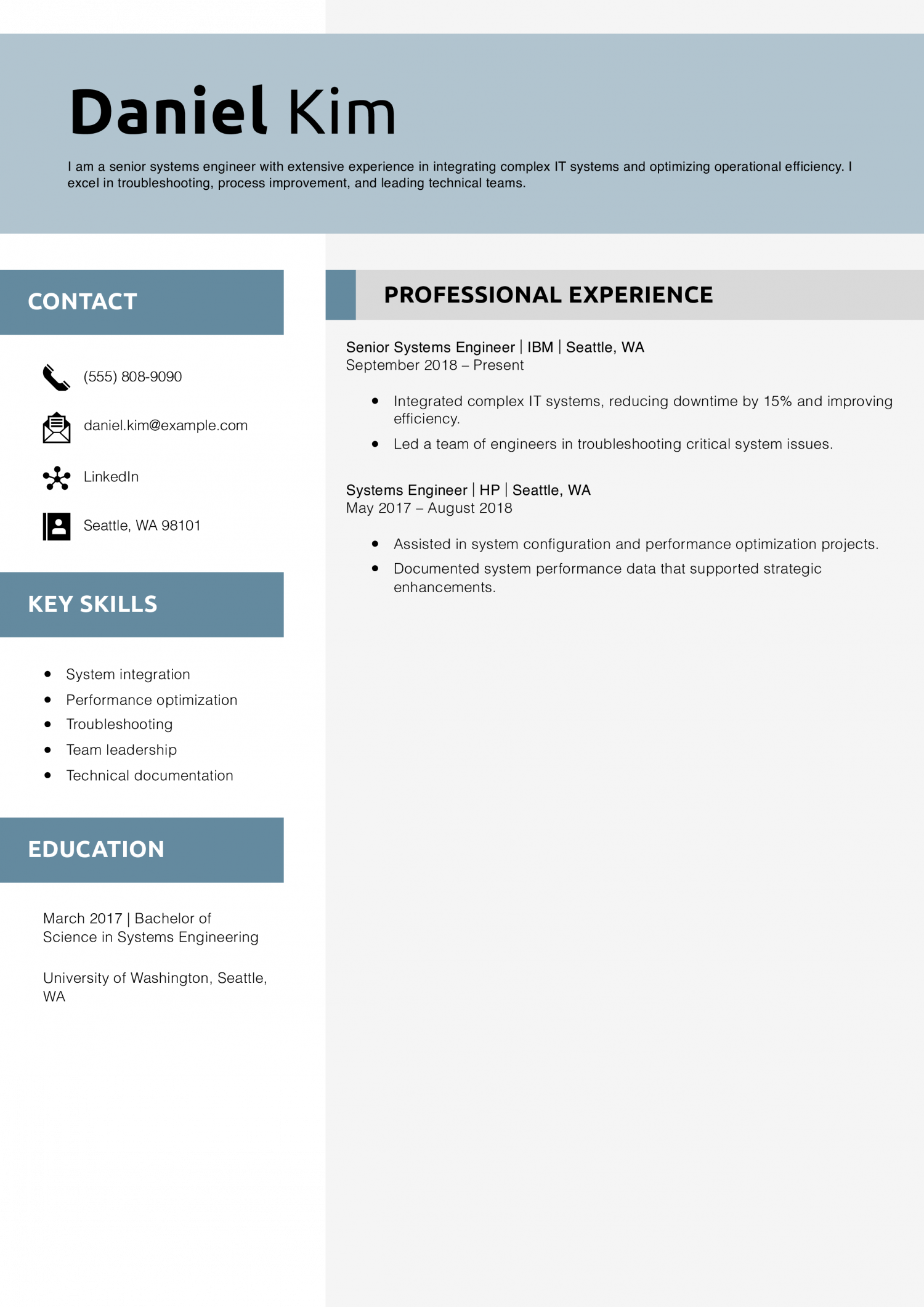 Senior Systems Engineer Resume Example