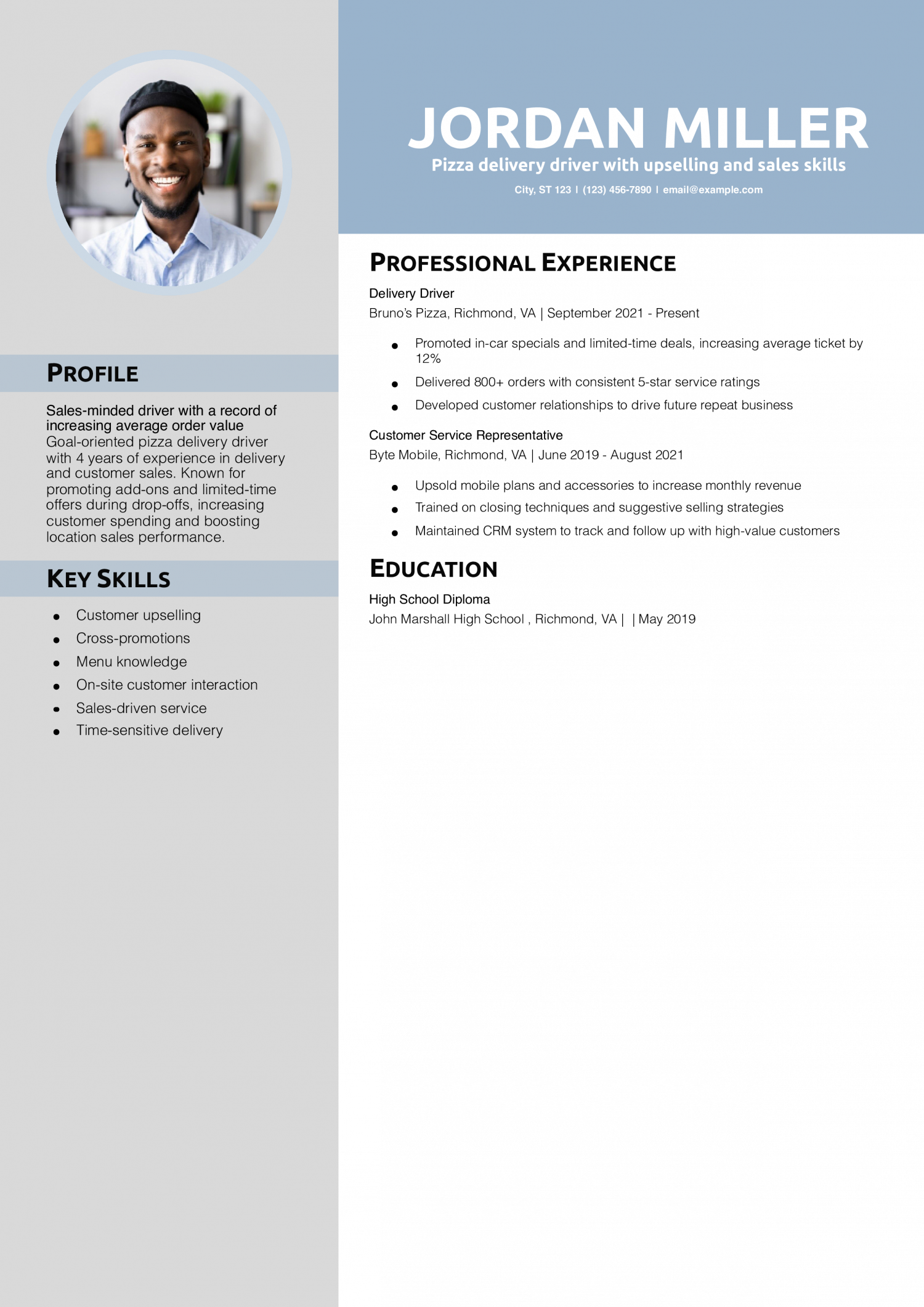Pizza delivery driver with upselling and sales skills resume example