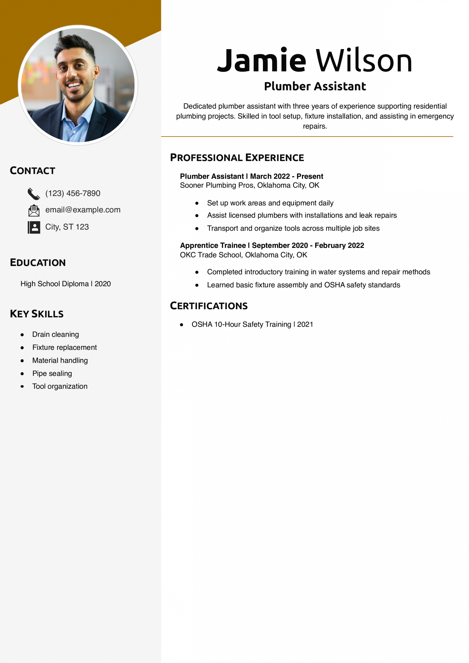 Plumber Assistant Resume Example