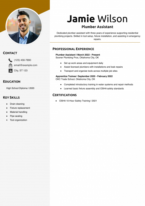 Plumber Assistant Resume Example