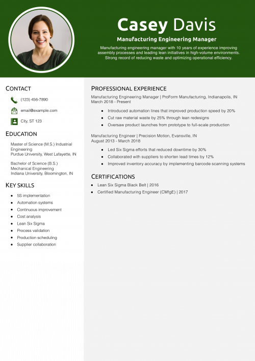 Manufacturing Engineering Manager Resume Example