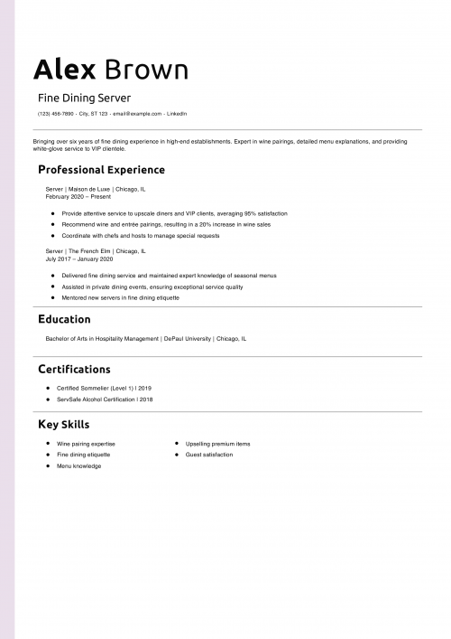 Fine Dining Server Resume Example