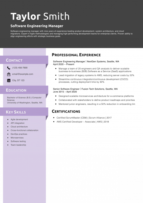 Software Engineering Manager Resume Example