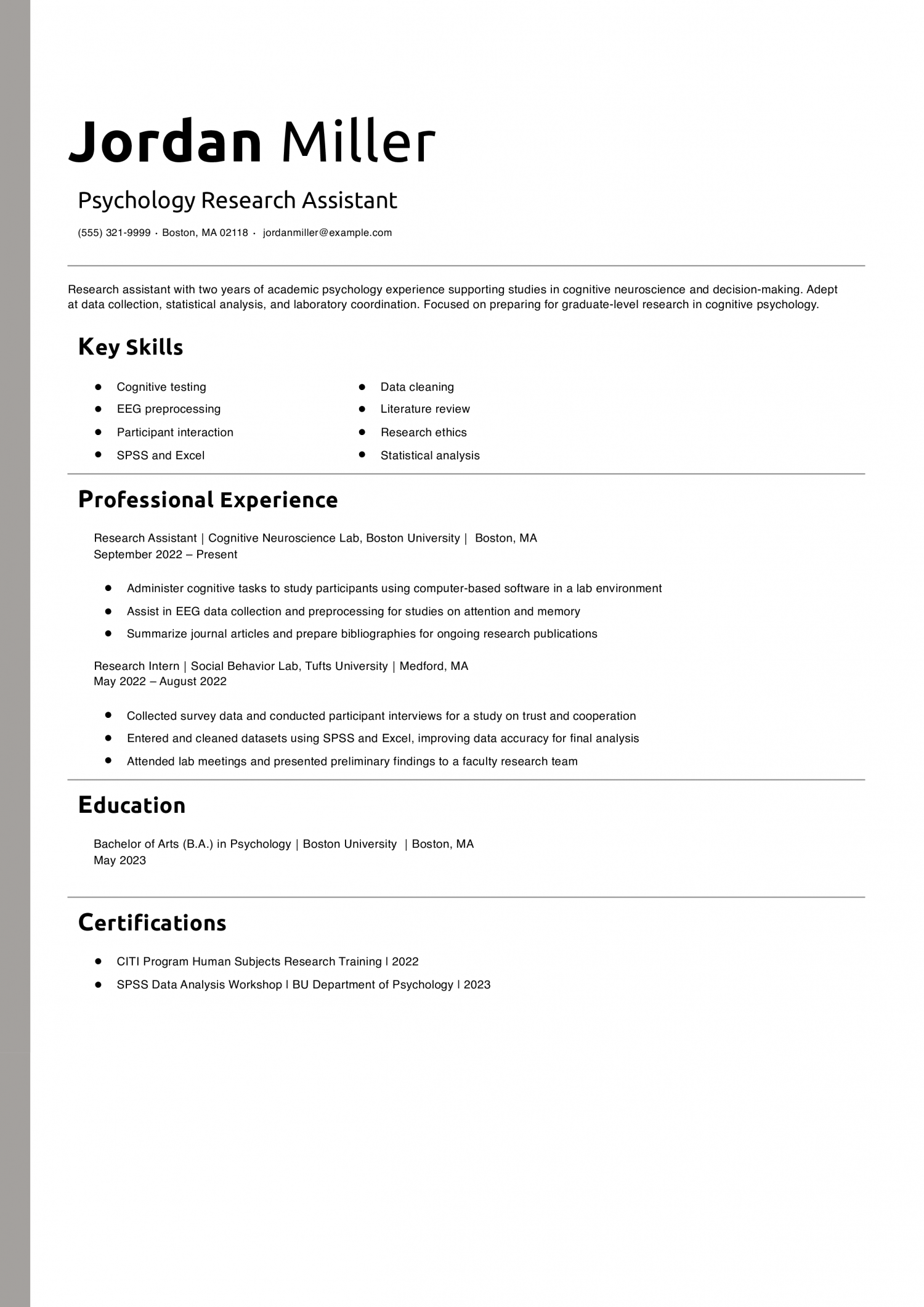 Psychology Research Assistant Resume