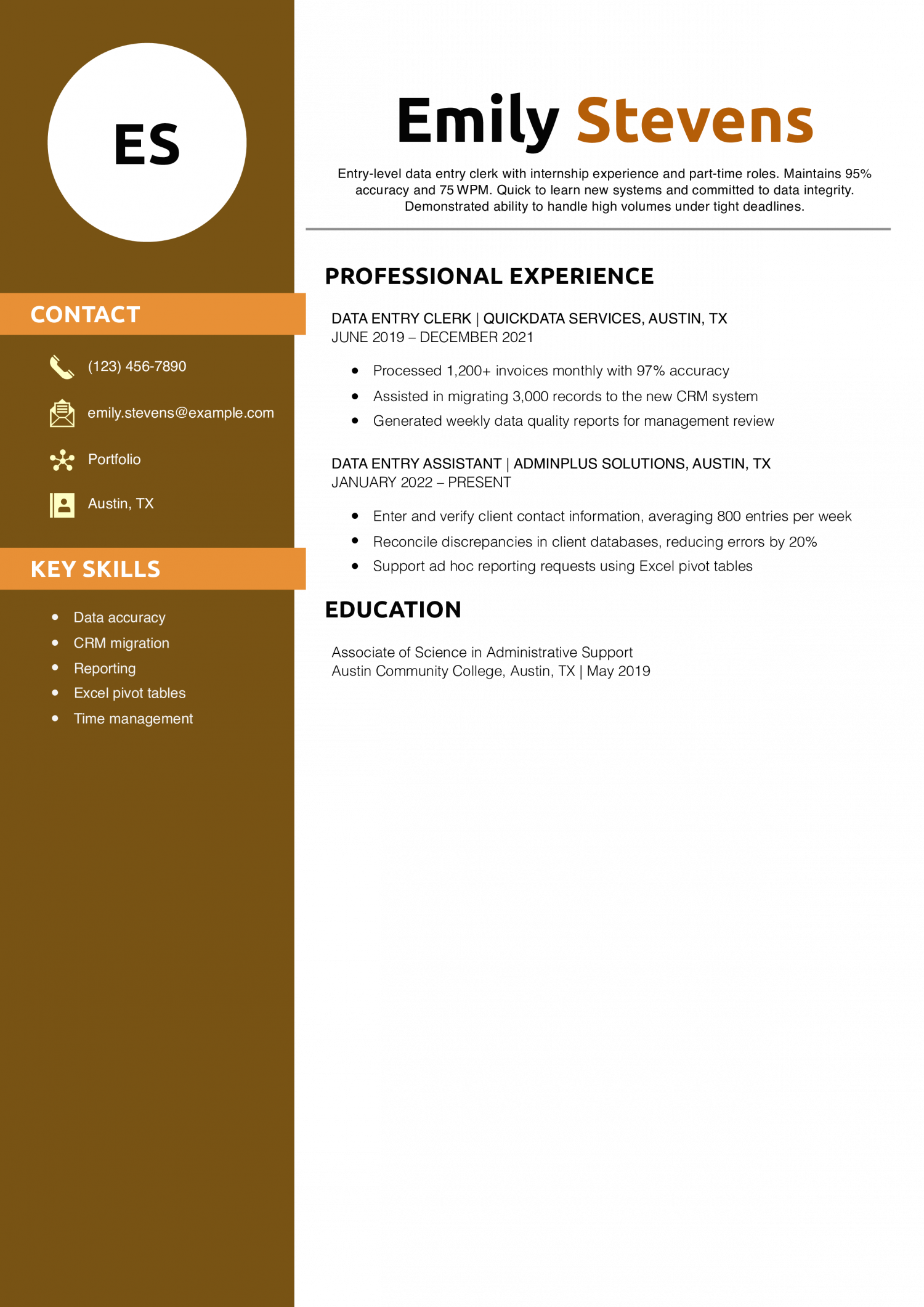 Entry-Level Data Entry Clerk Resume Example