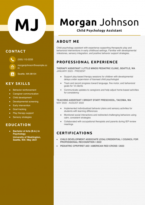 Child Psychology Assistant Resume