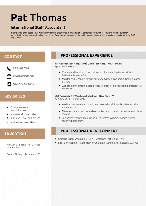 International Staff Accountant Resume Example
