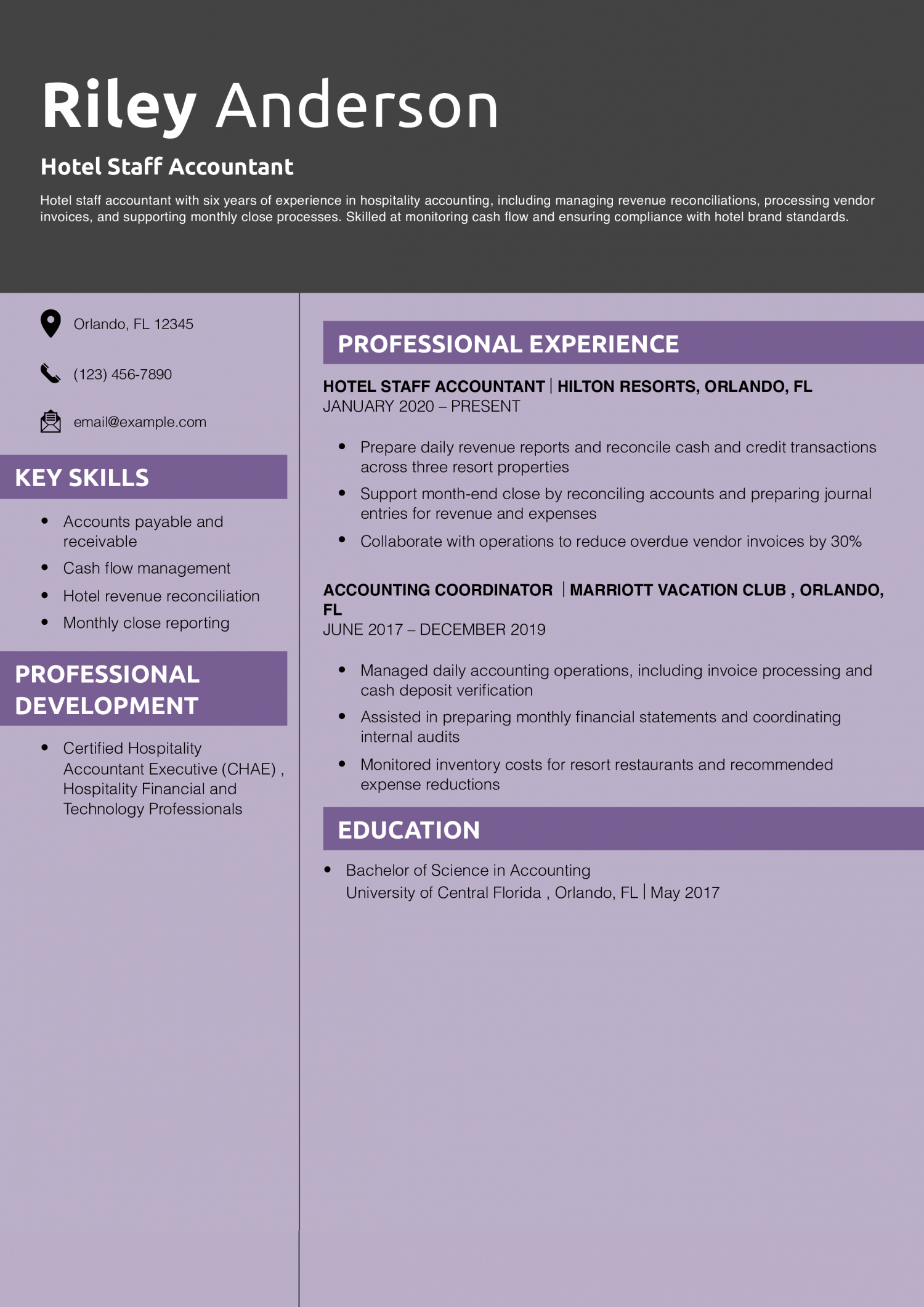 Hotel Staff Accountant Resume Example
