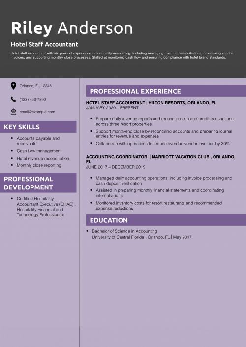 Hotel Staff Accountant Resume Example 