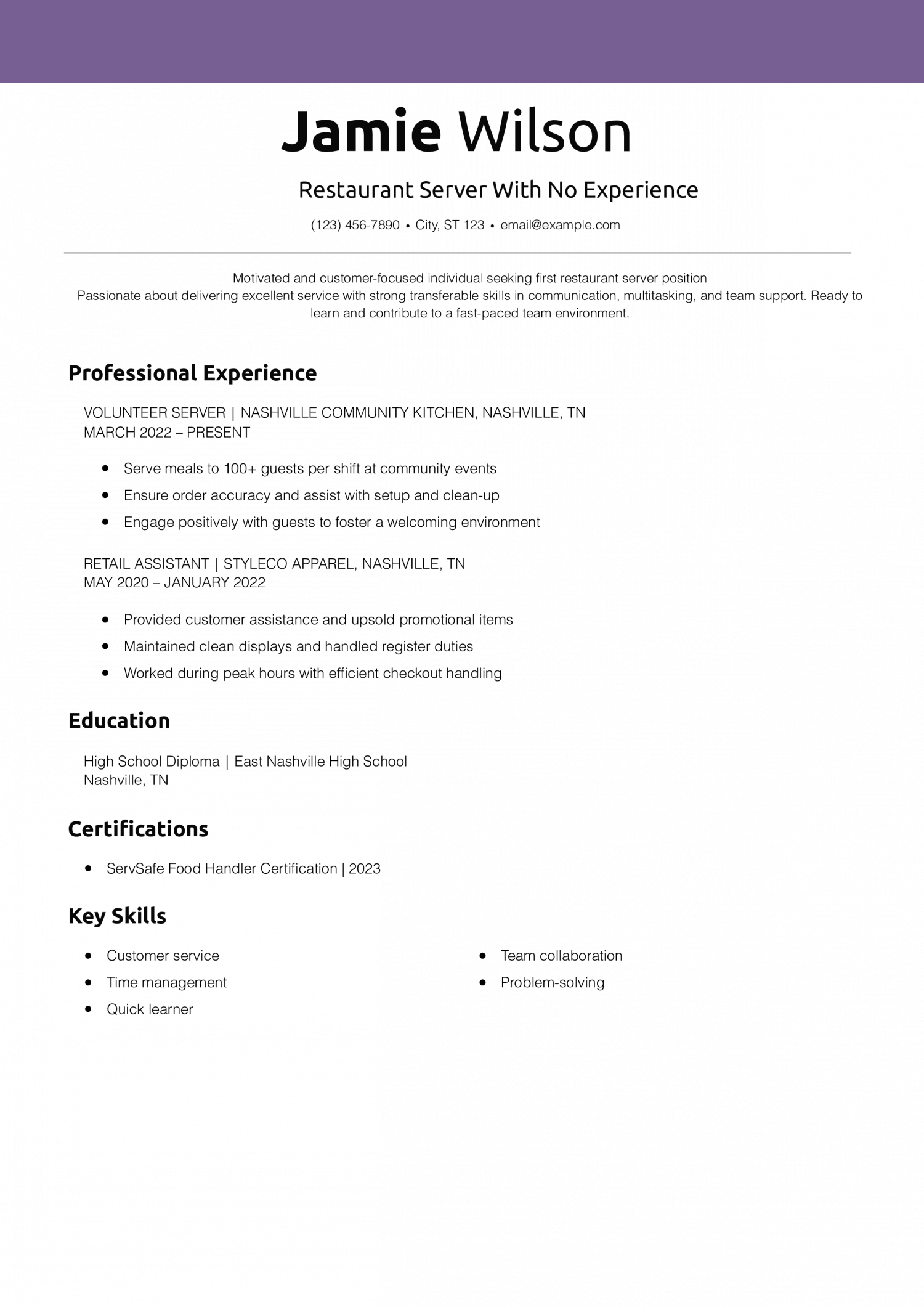 Restaurant Server Resume With No Experience Example