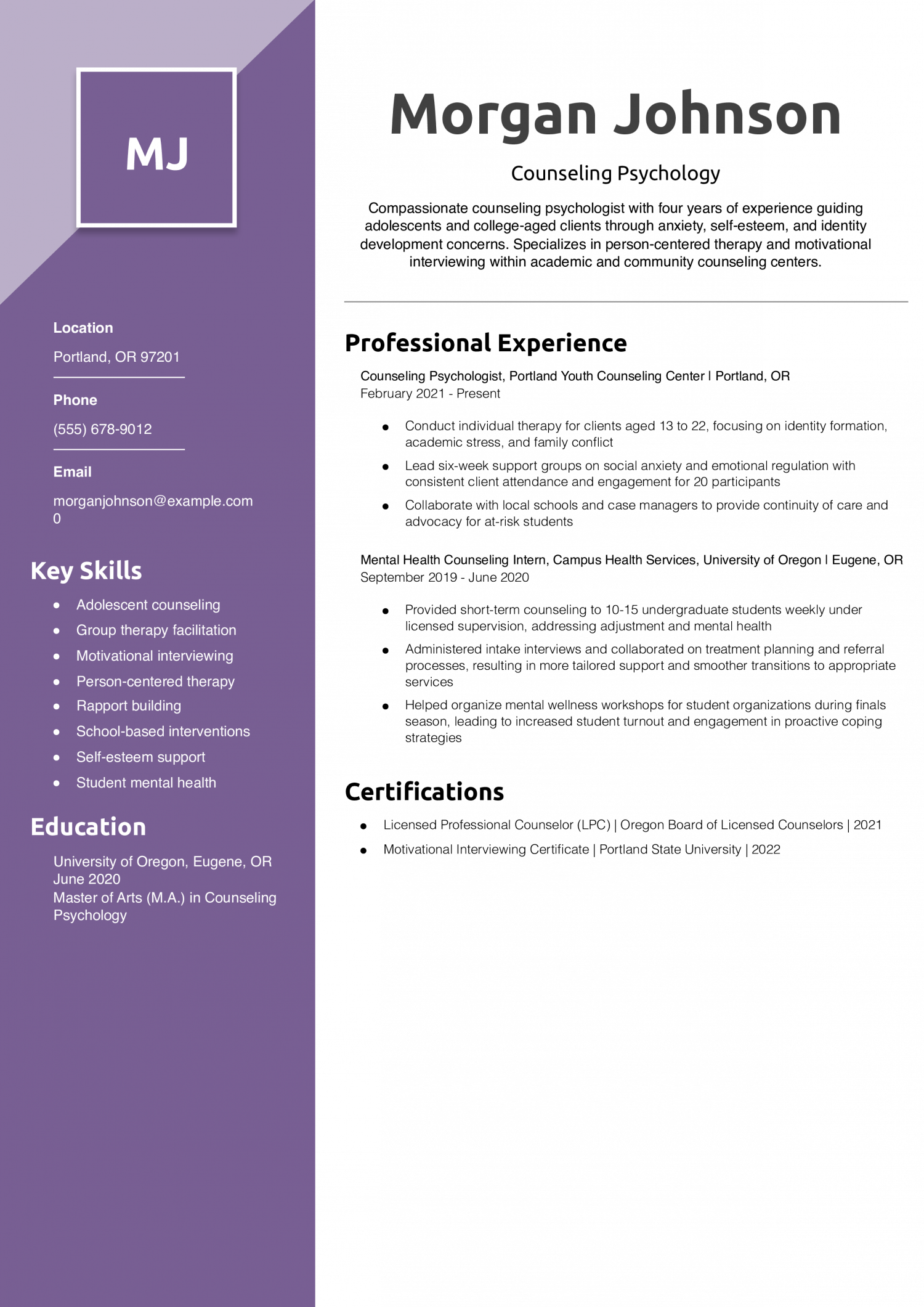 Counseling Psychology Resume