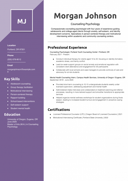 Counseling Psychology Resume