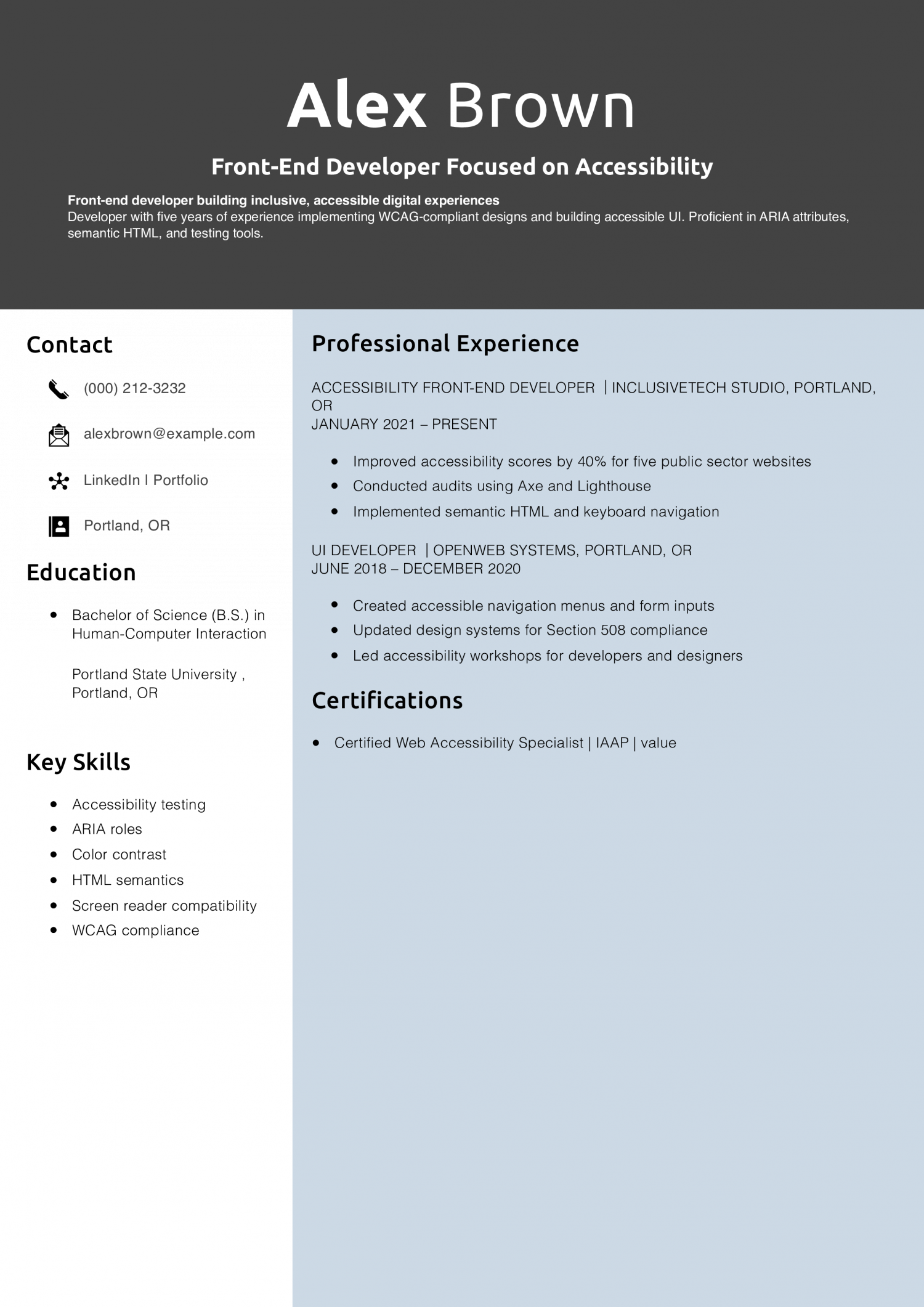 Front-End Developer Focused on Accessibility Resume