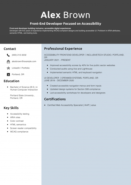 Front-End Developer Focused on Accessibility Resume