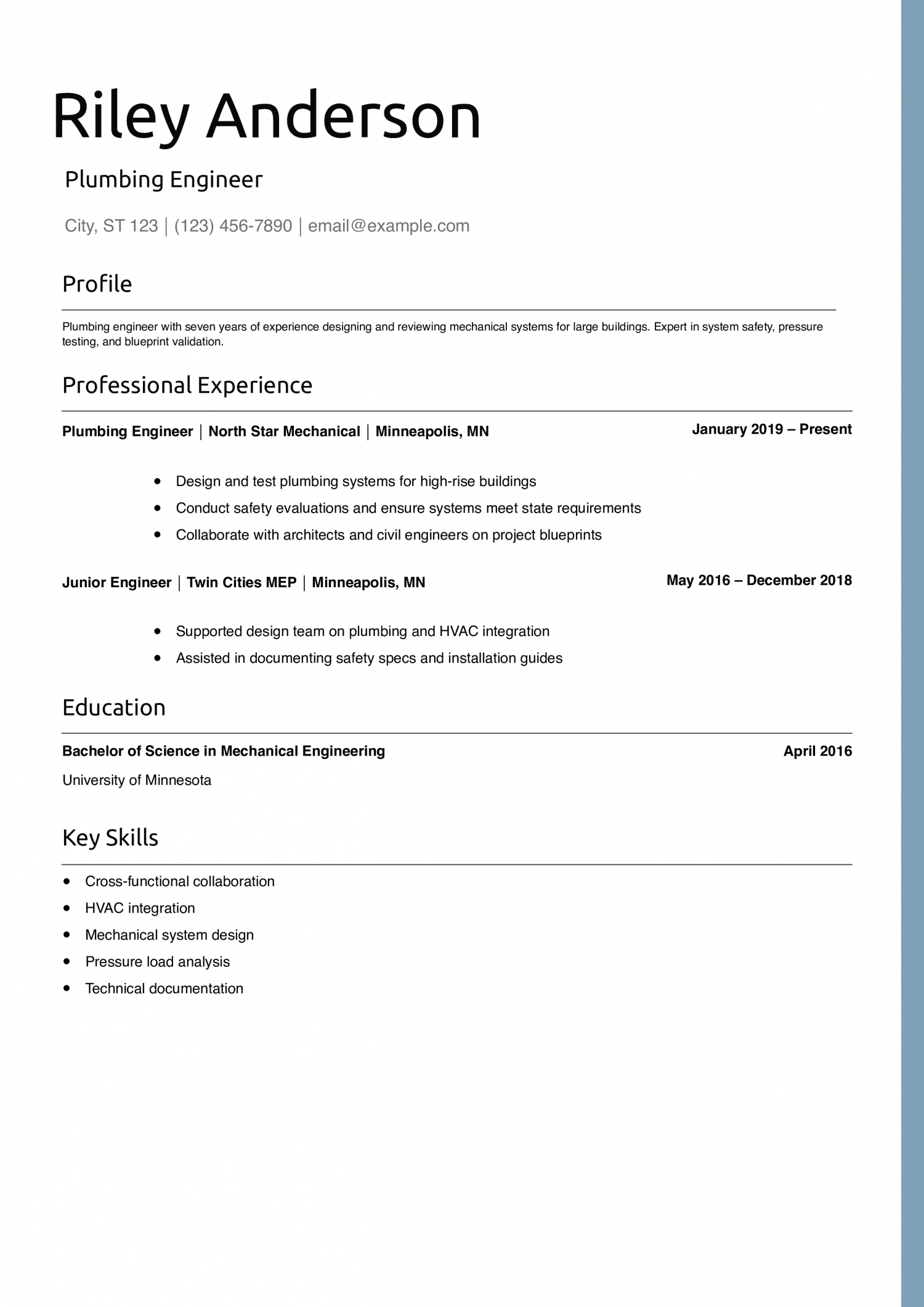 Plumbing Engineer Resume Example