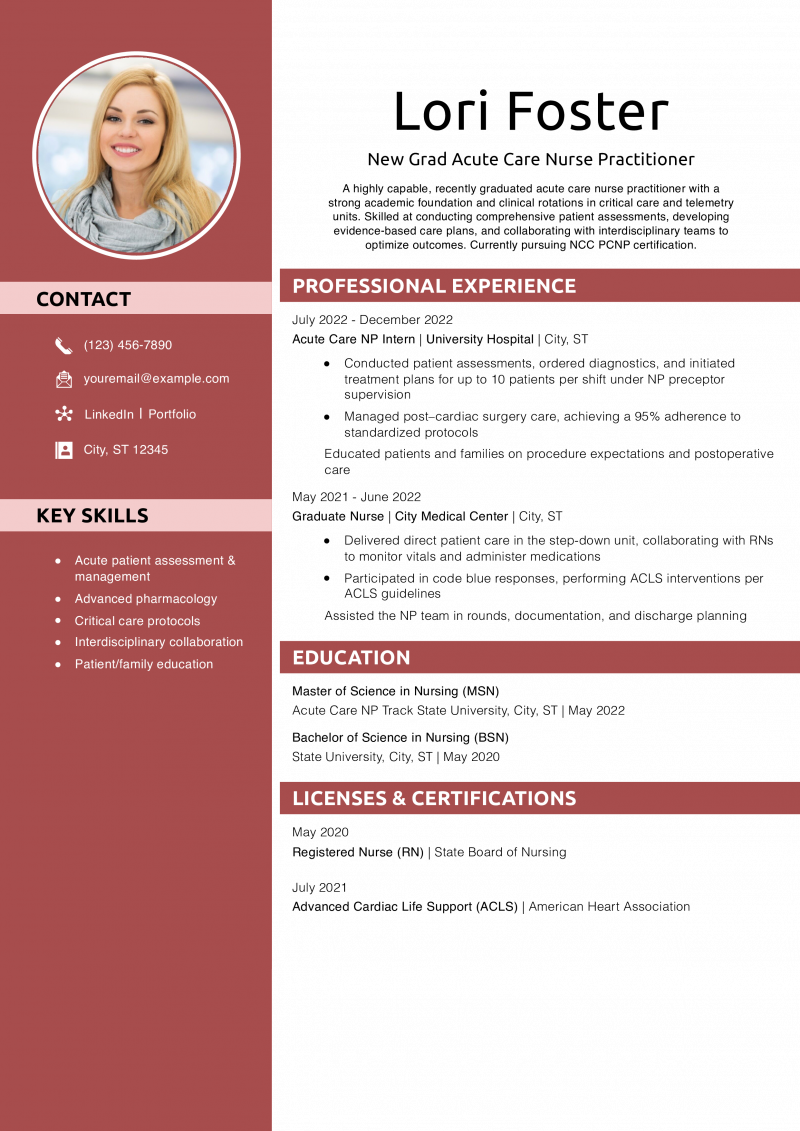 New Grad Acute Care Nurse Practitioner Resume Example