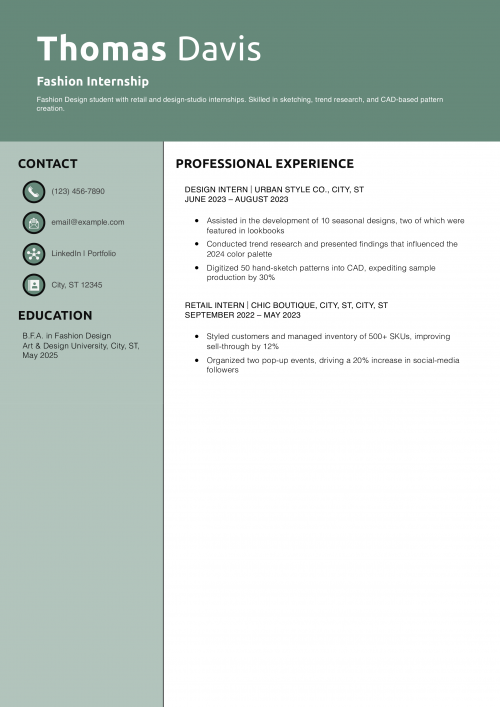 Fashion Internship Resume Example