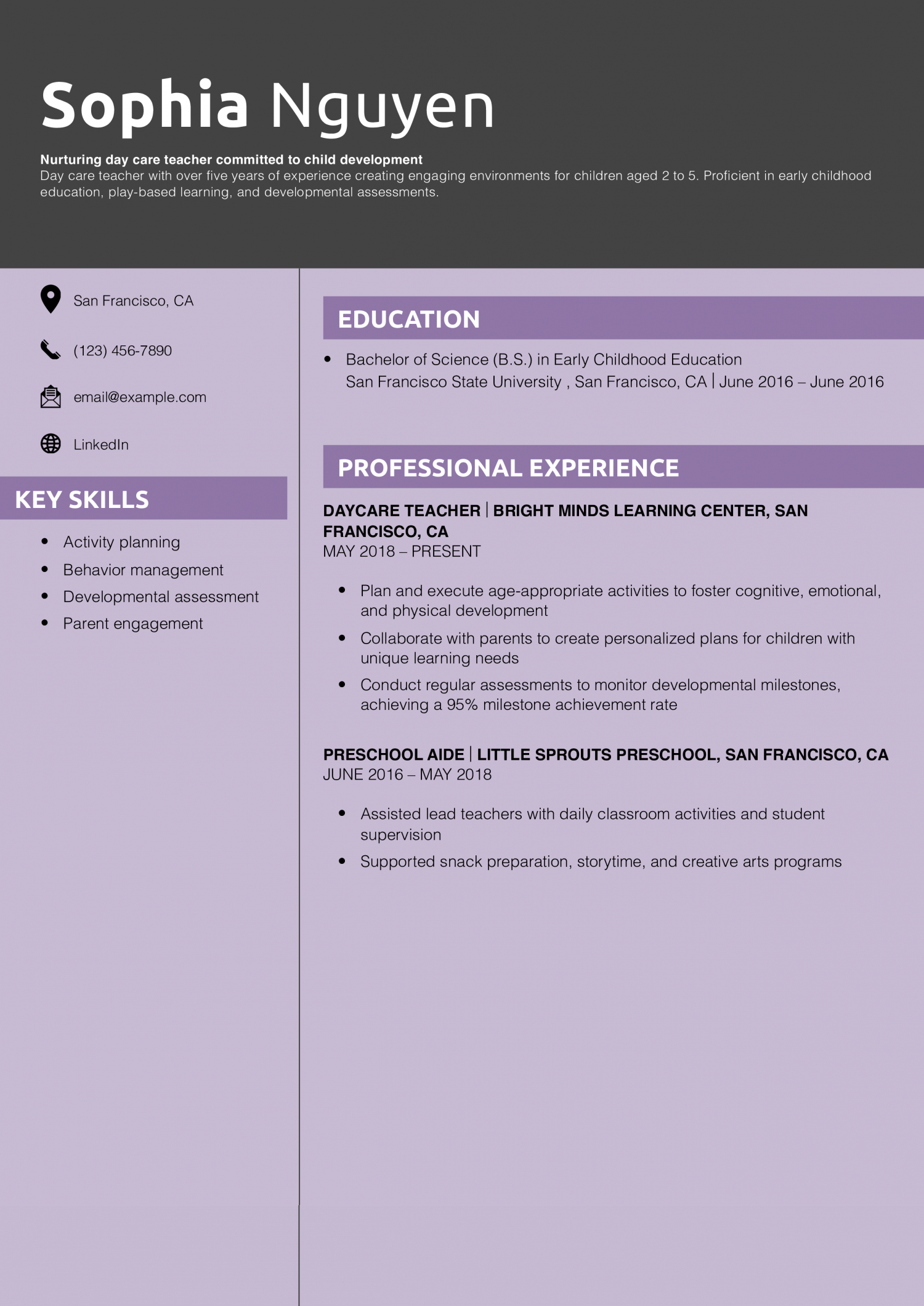 Day care teacher resume example