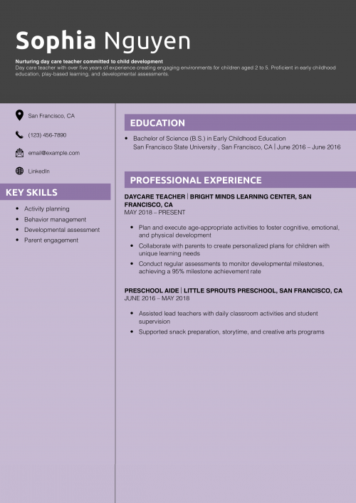 Day care teacher resume example