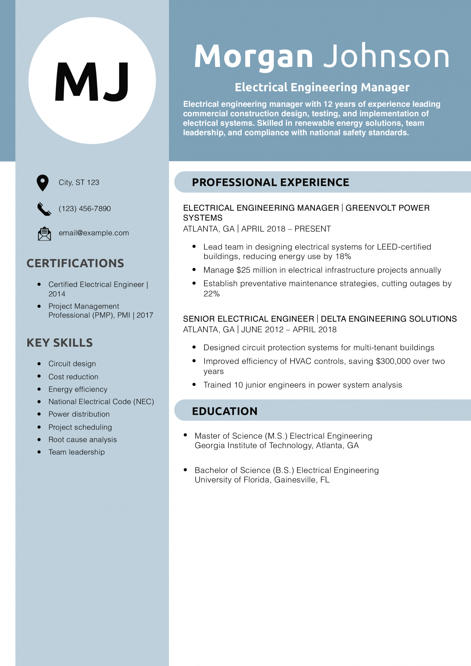 Electrical Engineering Manager Resume Example