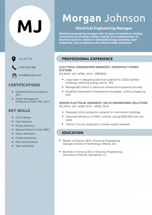 Electrical Engineering Manager Resume Example