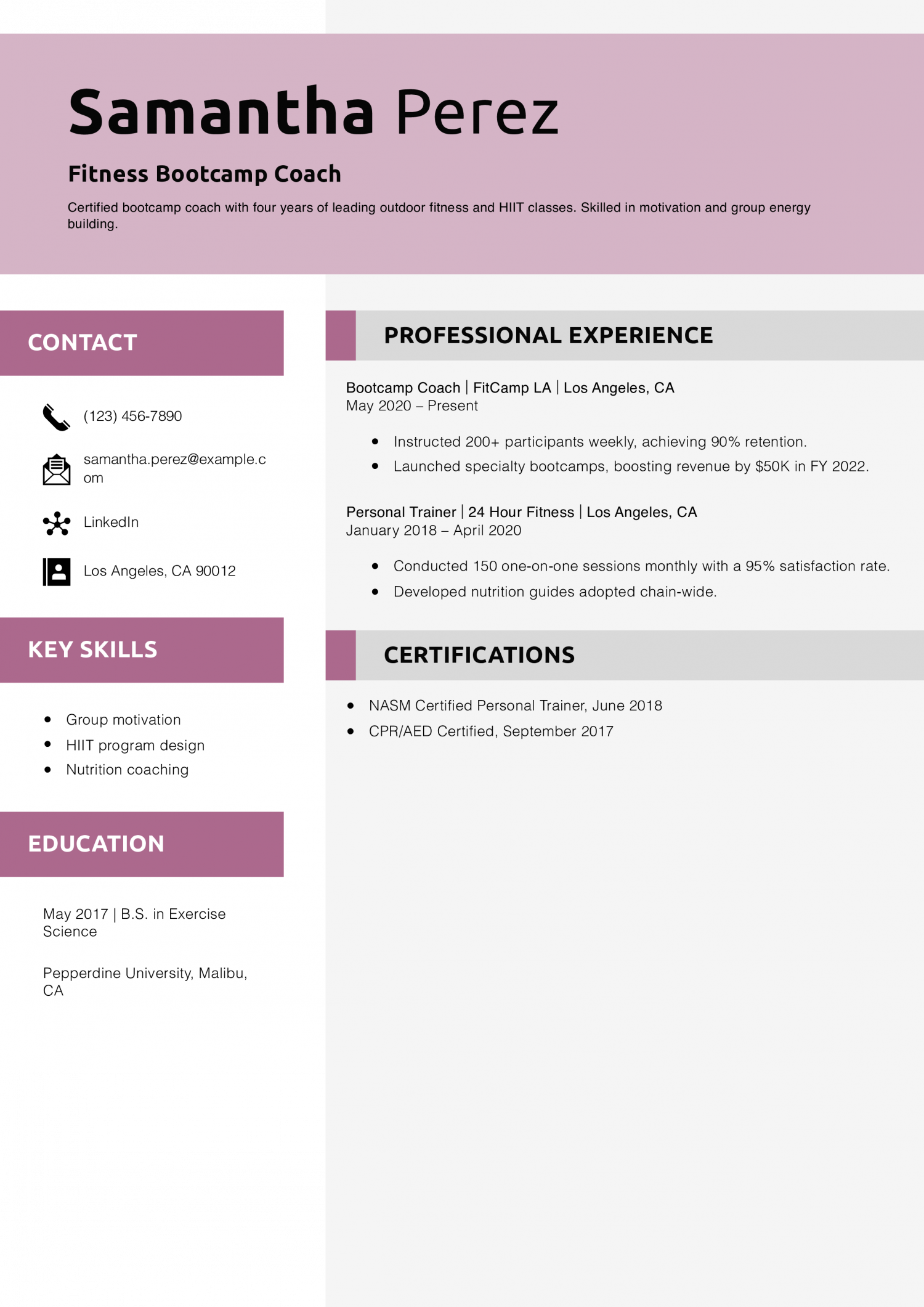 Fitness Bootcamp Coach Resume Example
