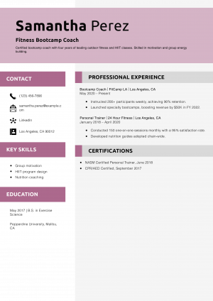 Fitness Bootcamp Coach Resume Example